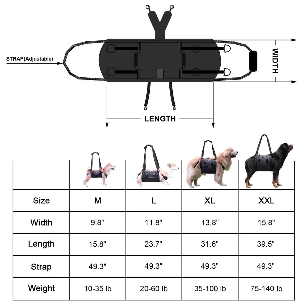 Black Oxford cloth dog harness with leg support shown in L, M, XL, and XXL sizes