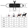 Black Oxford cloth dog harness with leg support shown in L, M, XL, and XXL sizes