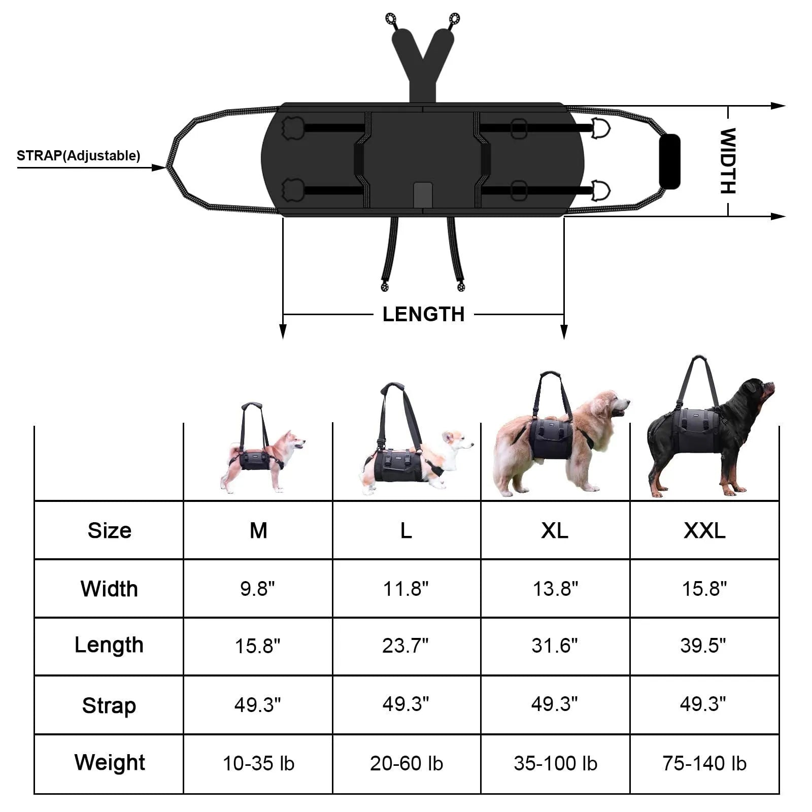 Black Oxford cloth dog harness with leg support shown in L, M, XL, and XXL sizes
