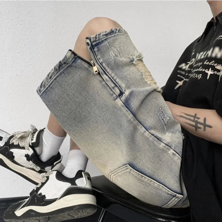 Blue retro tattered denim shorts with loose fit and American high street style