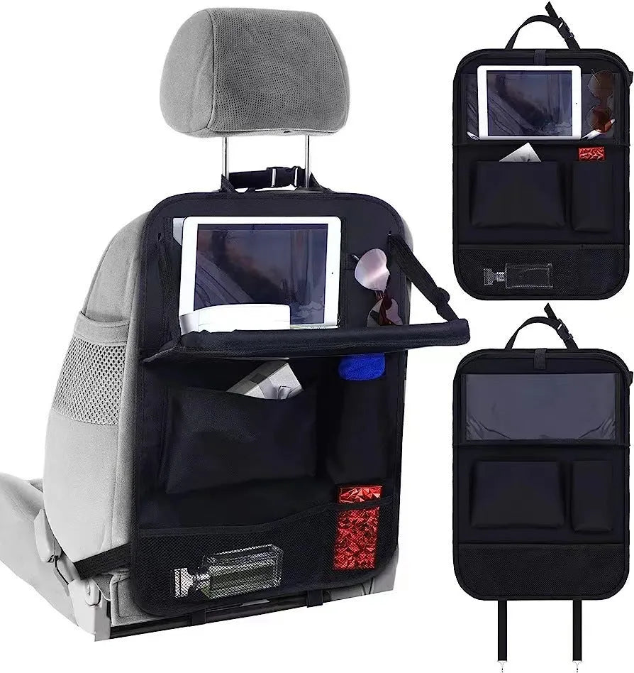 Black oxford cloth hanging storage bag for car seat and buggy organisation.