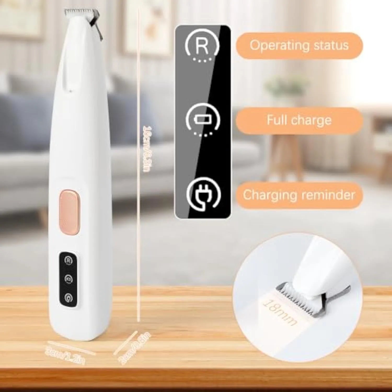 White rechargeable electric dog paw trimmer with LED light on a white background.