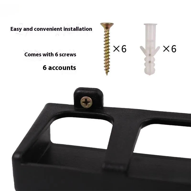 Black ABS plastic wall-mounted fishing rod holder showing vertical and horizontal mounting options