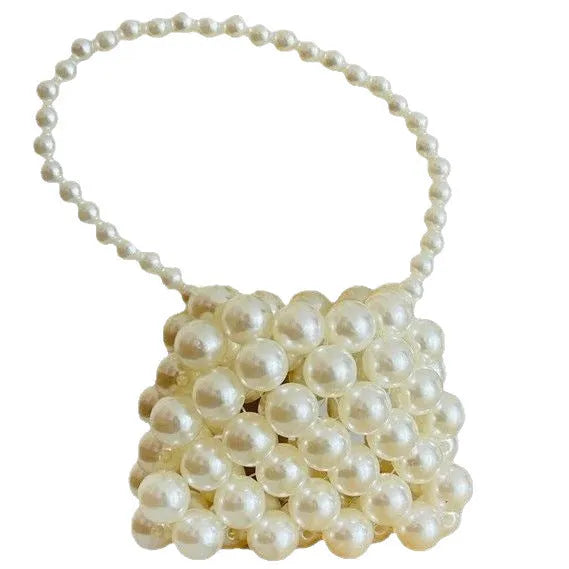 Women's imitation pearl mini crossbody handbag with geometric pattern in a pearl tote colour.