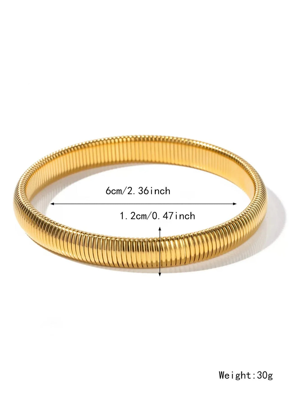 Women's titanium steel elastic bracelet with vertical stripe pattern and ring element in gold finish