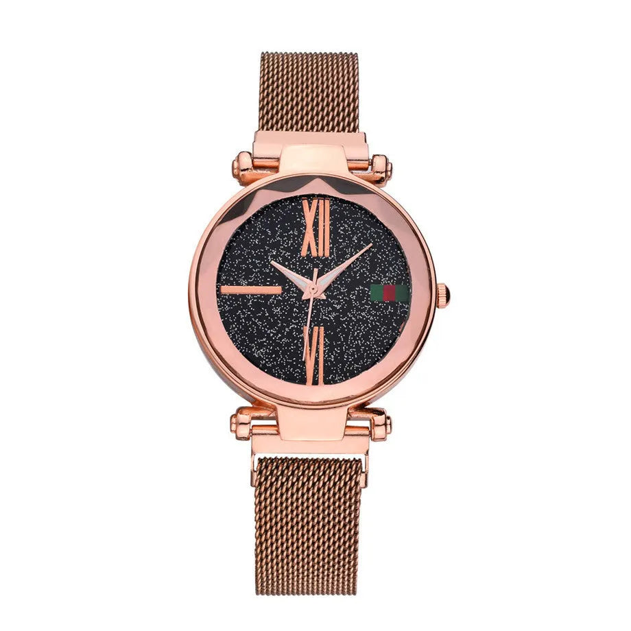 Ladies decorative quartz watch with stainless steel magnet clasp in six colour options showing 32mm round dial