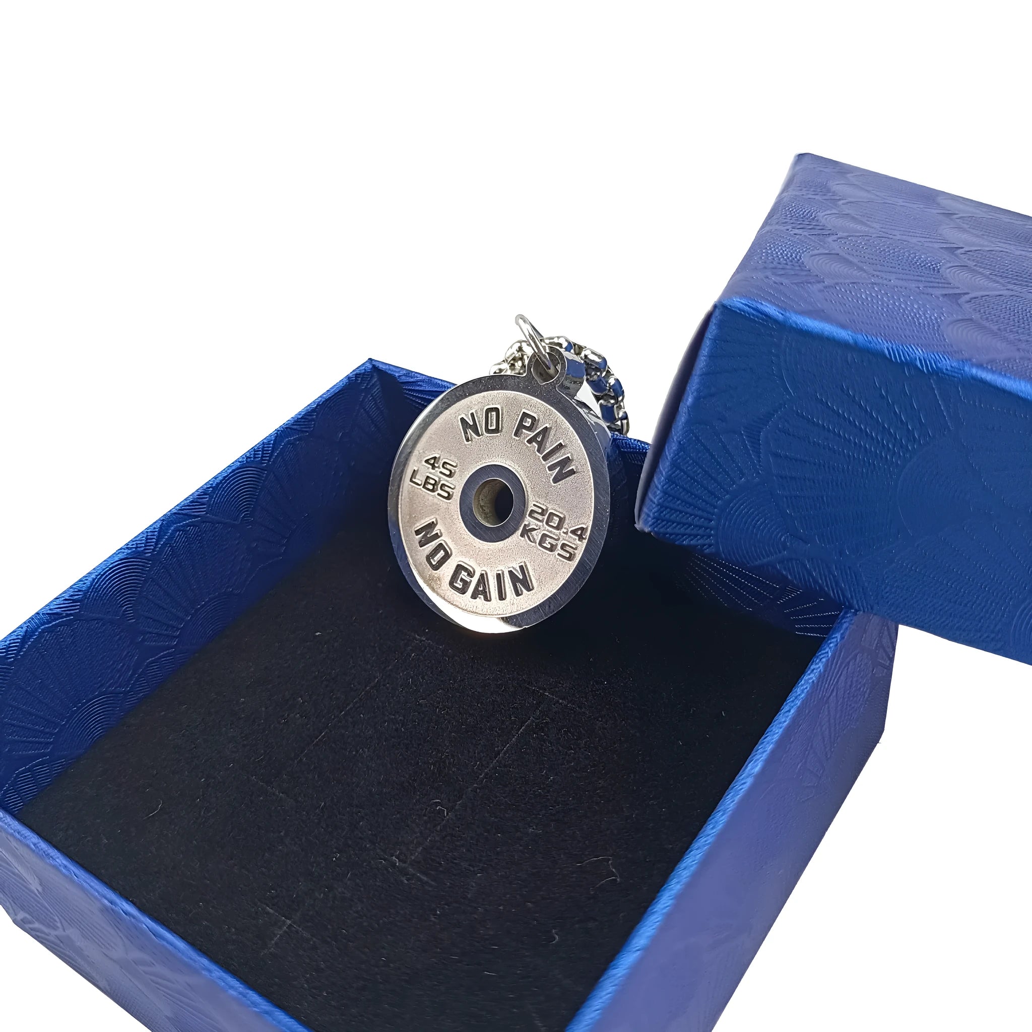 Polished stainless steel barbell disk pendant necklace available in black, gold, and pearl chain styles for fitness fashion