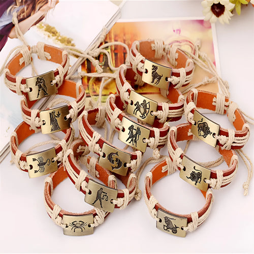 12 constellation alloy bracelet set with braided hemp rope and copper leather in vintage style, twelve colours