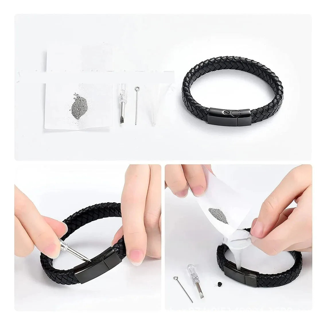 Black woven leather and stainless steel cinerary bracelet with engraving option on a gift box.