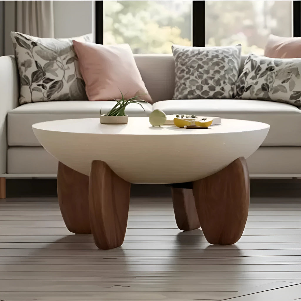 White solid wood coffee table with adjustable height feature and storage compartments