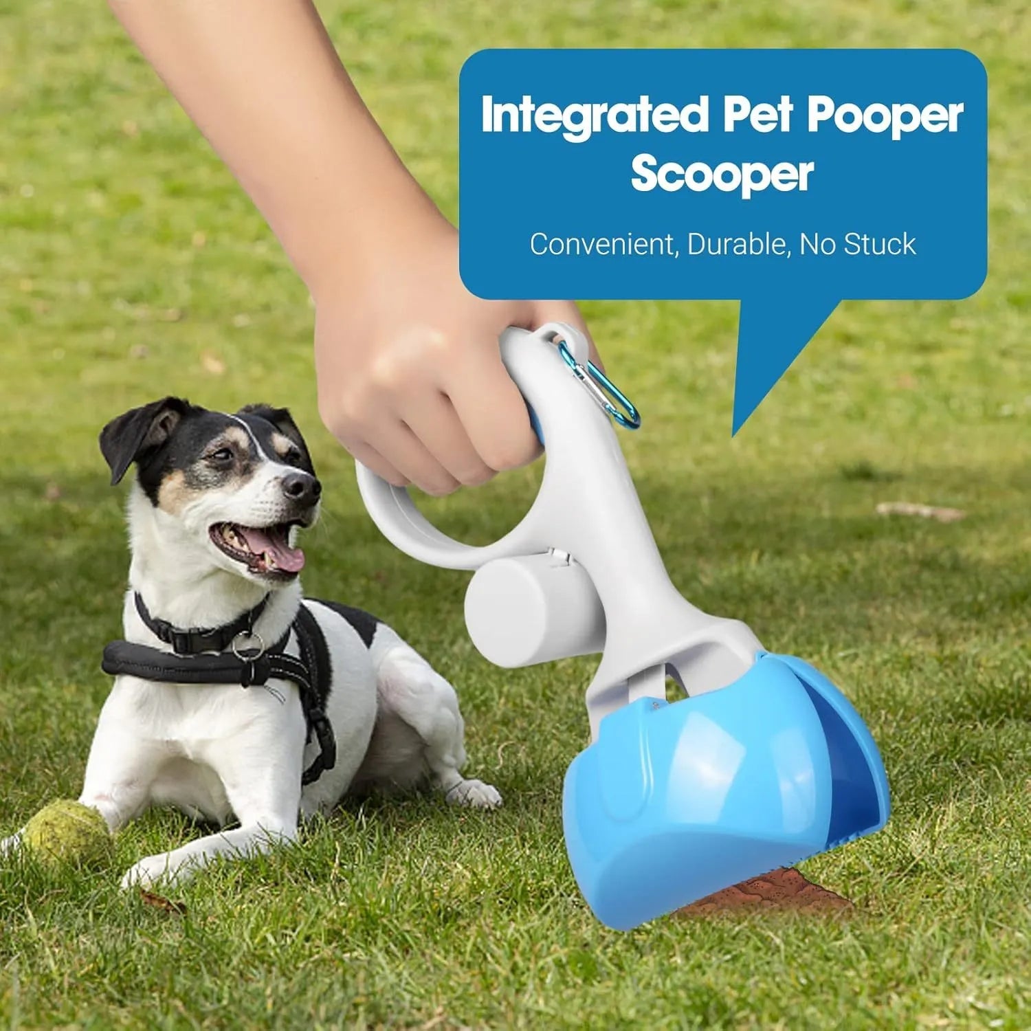 Black ABS plastic pet pooper scooper with built-in trash bag holder and a top carrying hook