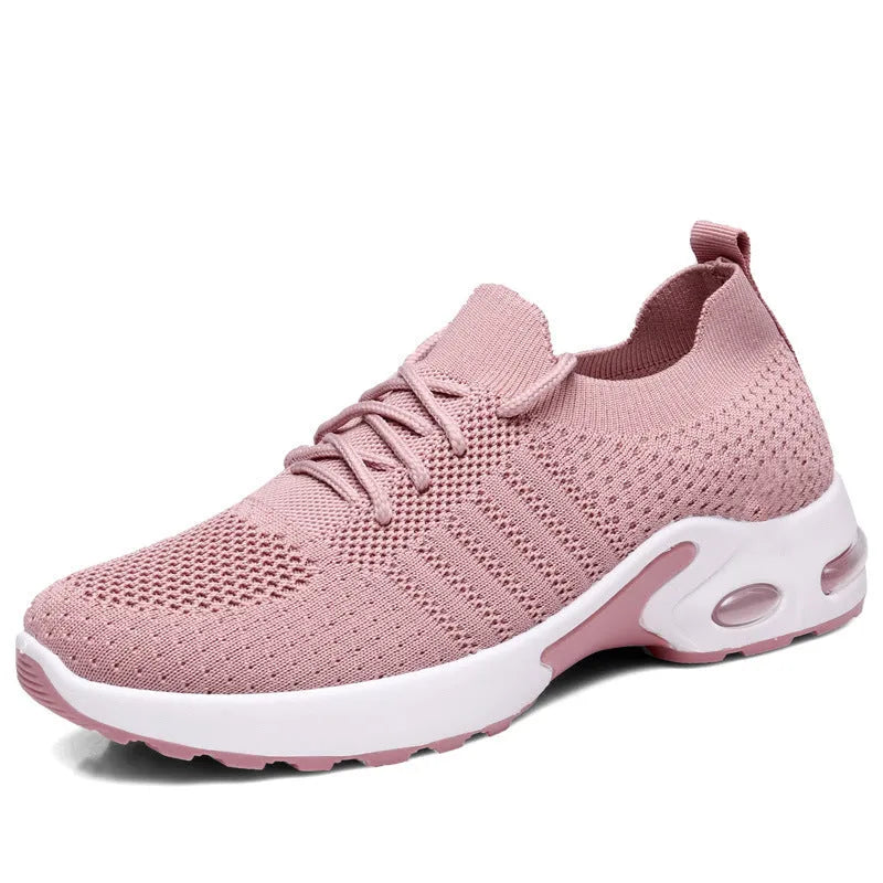 Women's black mesh lace-up casual sneaker with round toe and soft PVC sole.