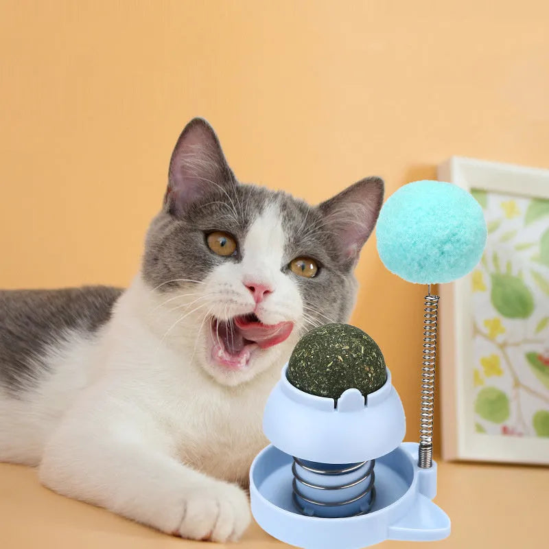 Blue mint ball cat toy on a stick for licking, teeth cleaning, and interactive play.