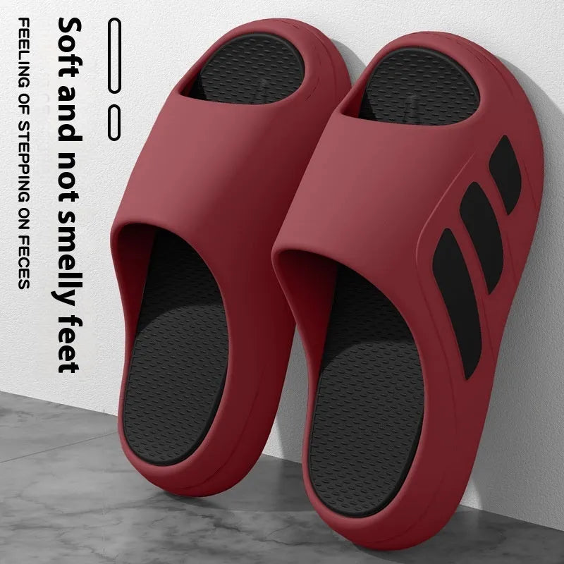 Brown and two-tone EVA platform flip flop slippers for indoor home use with letter detailing