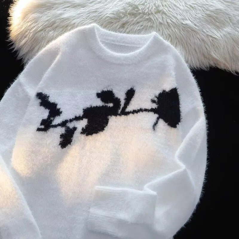 American dark rose flocking horse sweater for men, cotton blend pullover, black colour, front view