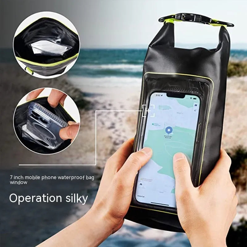 Army Green 2L waterproof PVC mesh crossbody bag for phones, shown with adjustable strap.