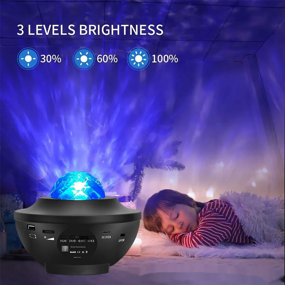 Black parallel style starry sky projection lamp with water ripple laser effects on desktop