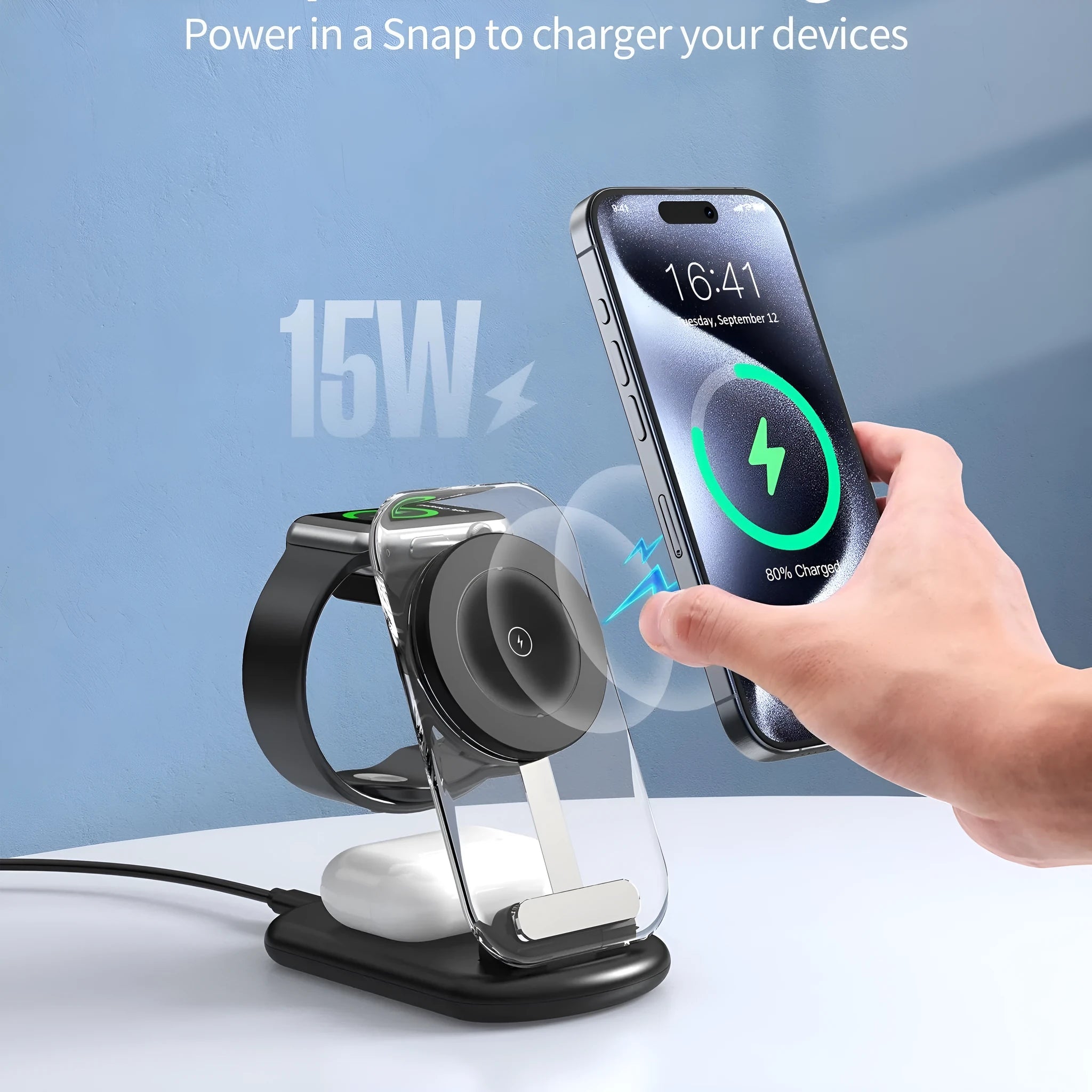 Transparent folding three-in-one magnetic wireless charger showing internal components