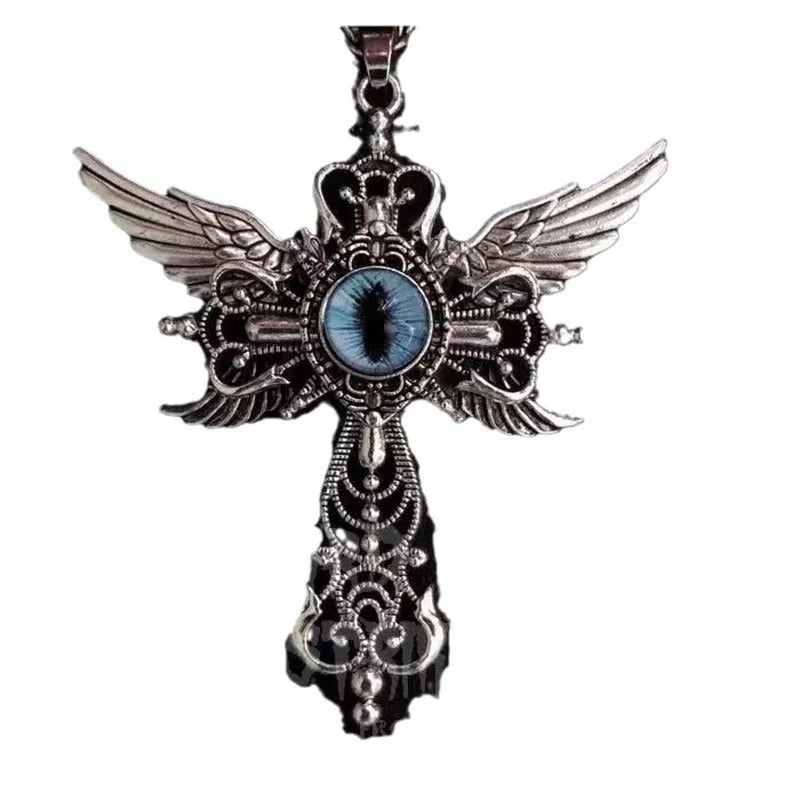 Geometric devil wings cross pendant necklace in alloy available in blue, green, purple, red and yellow colour finishes
