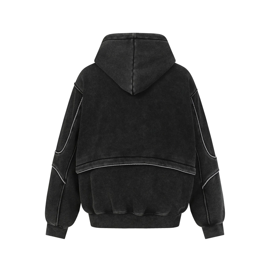 Men's and women's cotton fleece-lined loose fit pullover sweatshirt in dark grey, front view