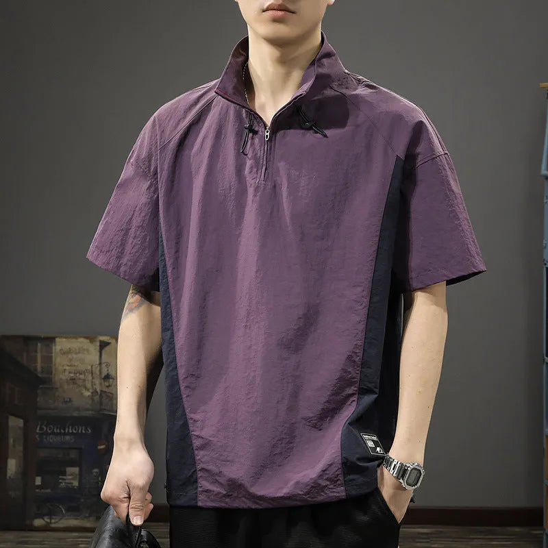 Men's brown ice silk half-zip business casual shirt with stand collar and short sleeves