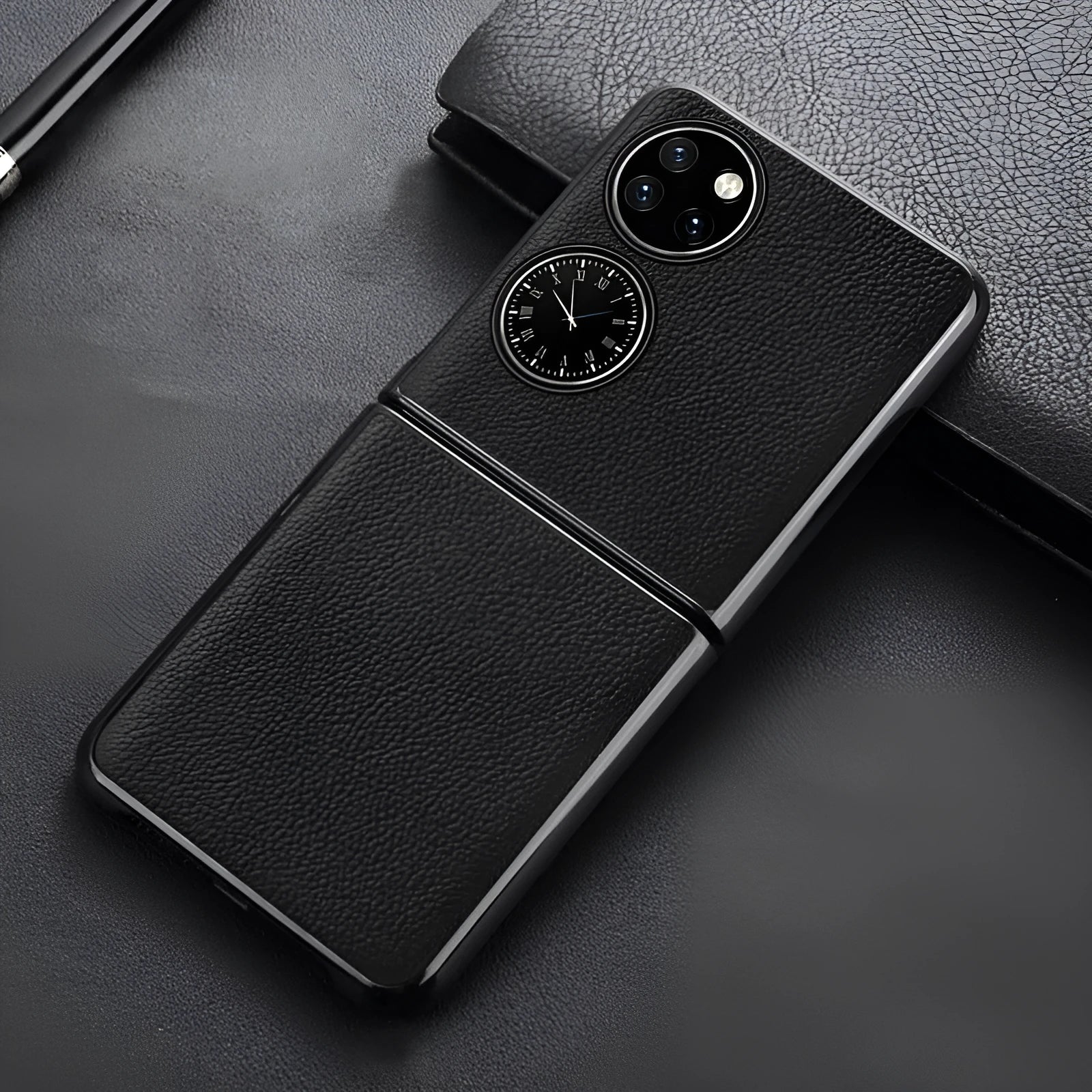 Obsidian black top layer cow leather back cover case for Huawei P50 Pocket