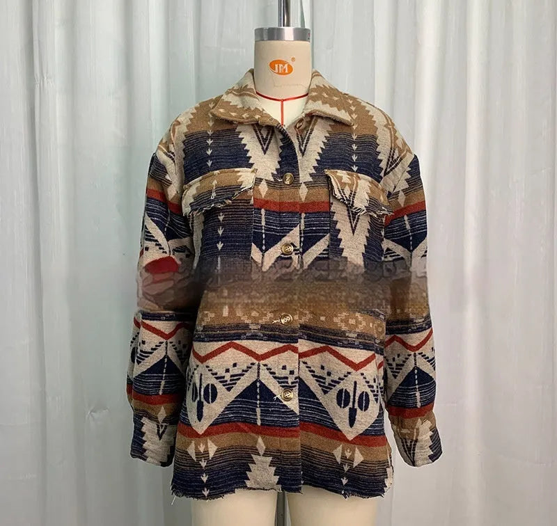 Women's retro style wool coat with Aztec print in Army Green colour showing loose fit and long sleeves