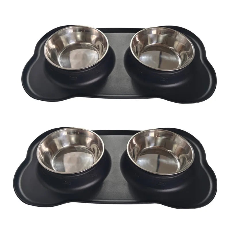 Large double dog bowl silicone feeding mat with stainless steel bowls in blue colour