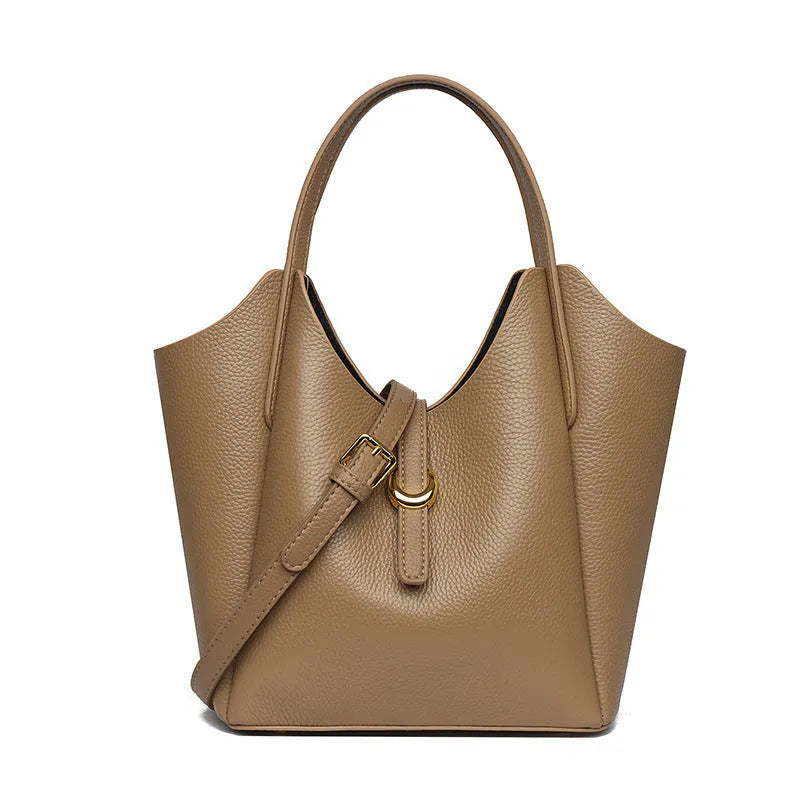 Genuine leather women's bucket bag in retro style with large capacity and file organiser