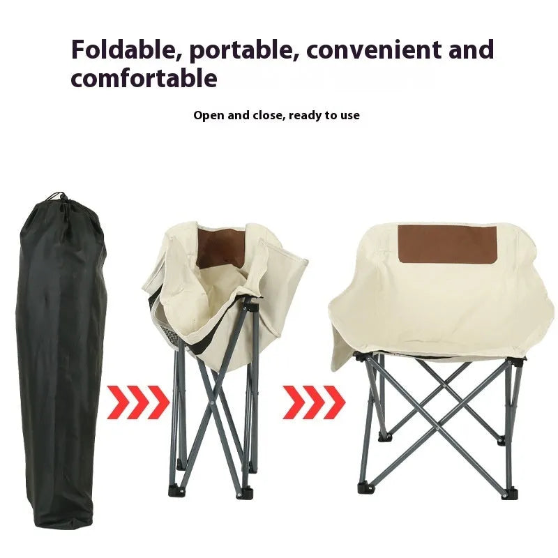 Portable folding recliner chair with steel frame and Oxford cloth seat in an outdoor setting.