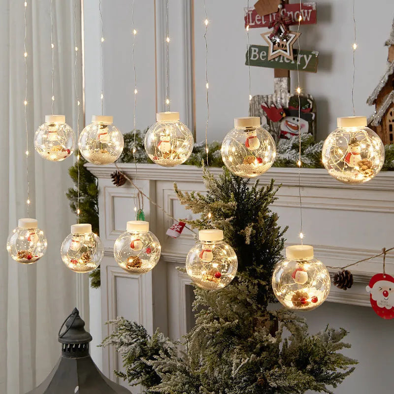 LED Christmas curtain lamp set with 10 fairy light balls in snowman, tree, and Santa designs