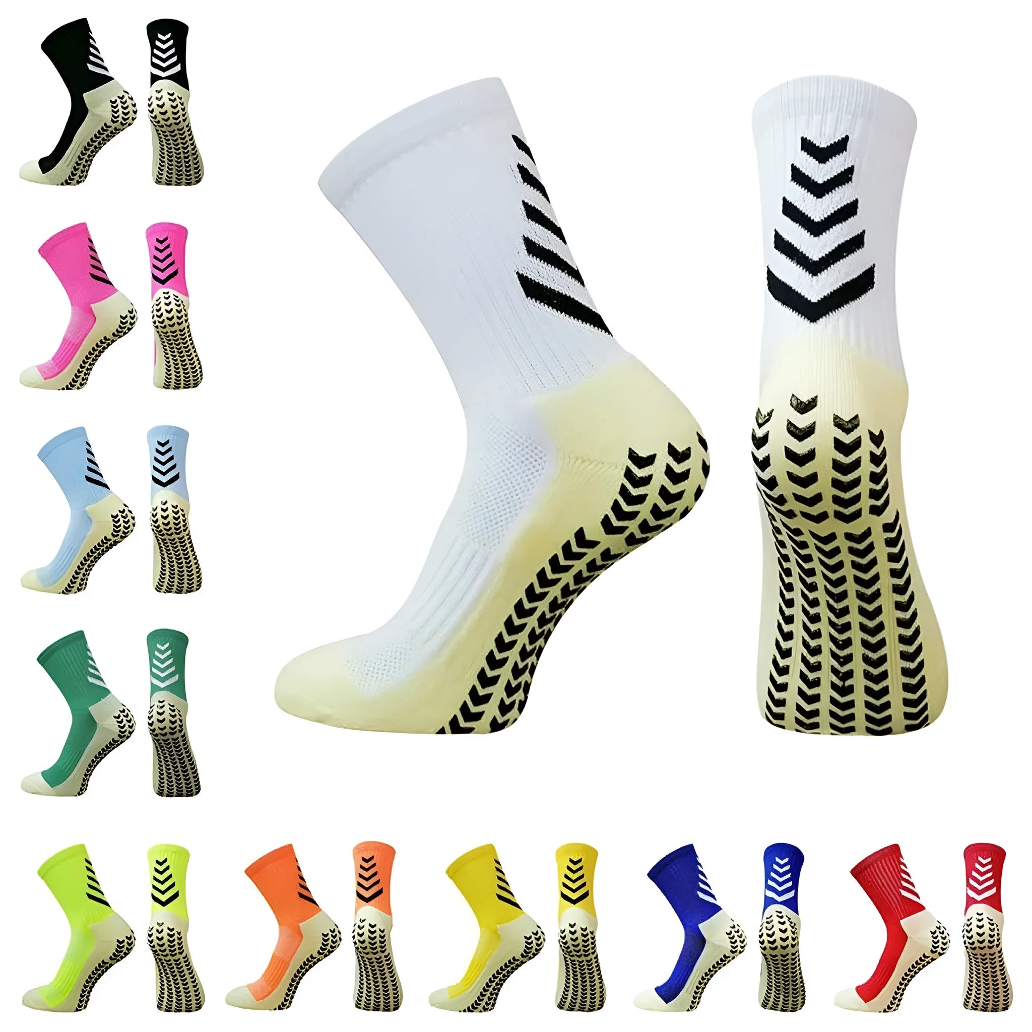 Men's mid-calf athletic socks with geometric patterns and non-slip silicone grip