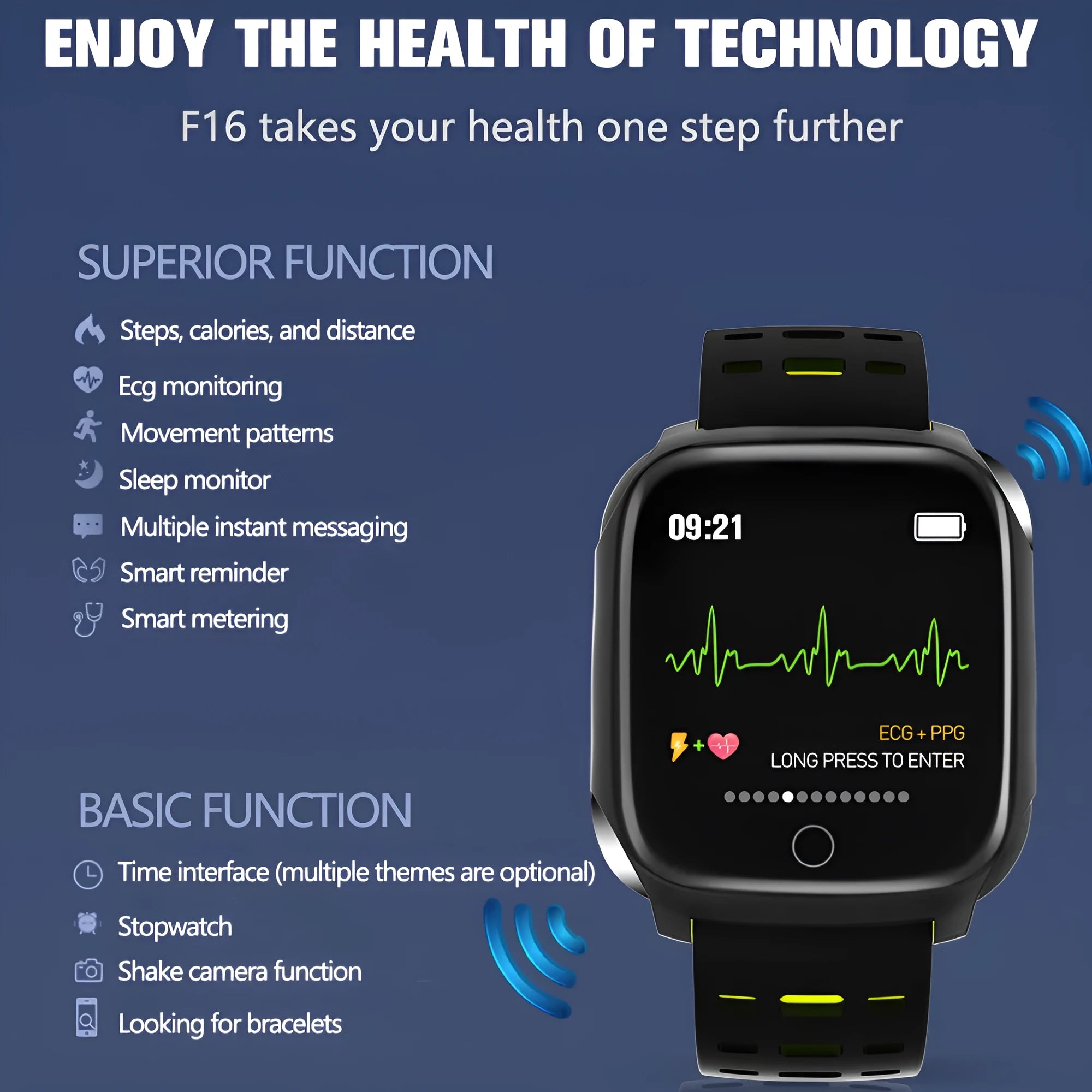 F16 Smart Watch with ECG display on wrist, showing black green silicone strap and 43mm screen.