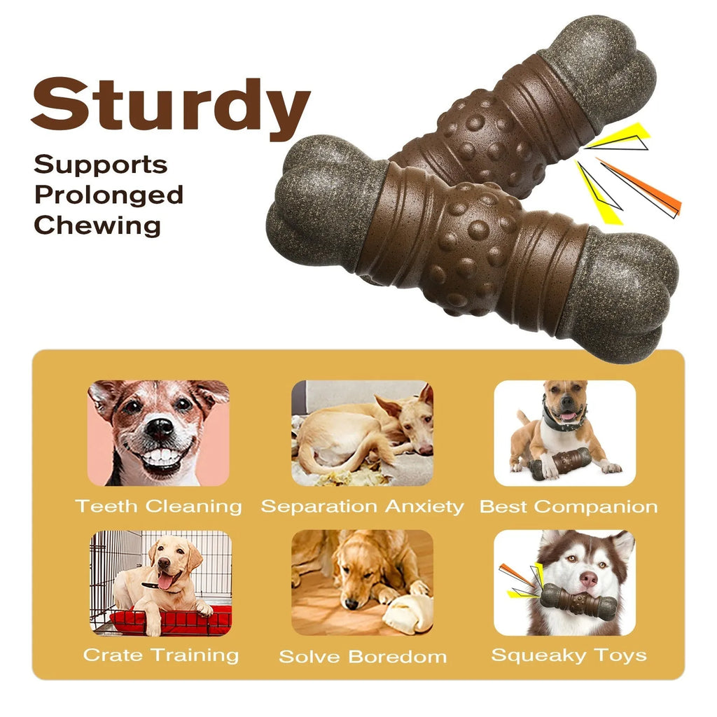 Wood colour plastic dog dental chew toy with textured molar rod design