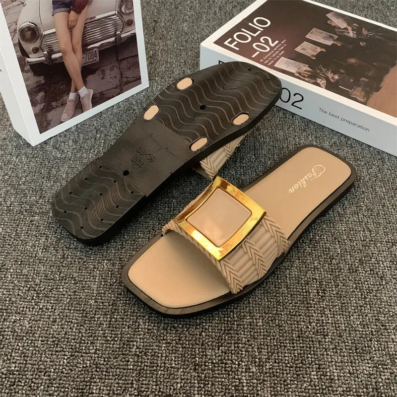 Women's apricot coloured flat casual slippers with a textured PVC sole, shown on a light background.