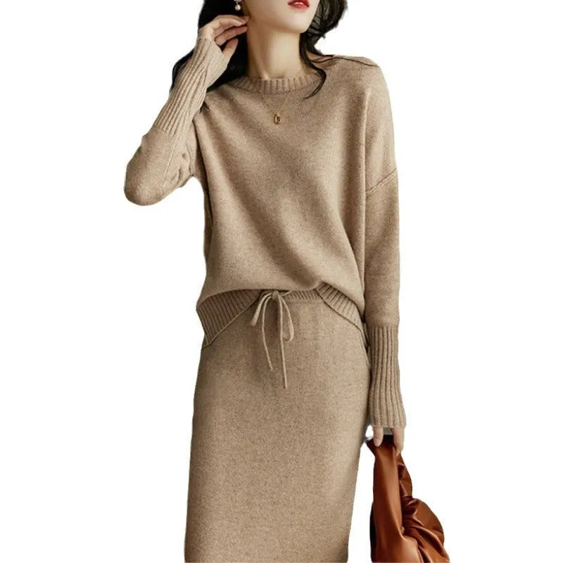 Women's knitted two-piece set with long-sleeve top and mid-length skirt in contrast colour tie-dye pattern, coffee and khaki options