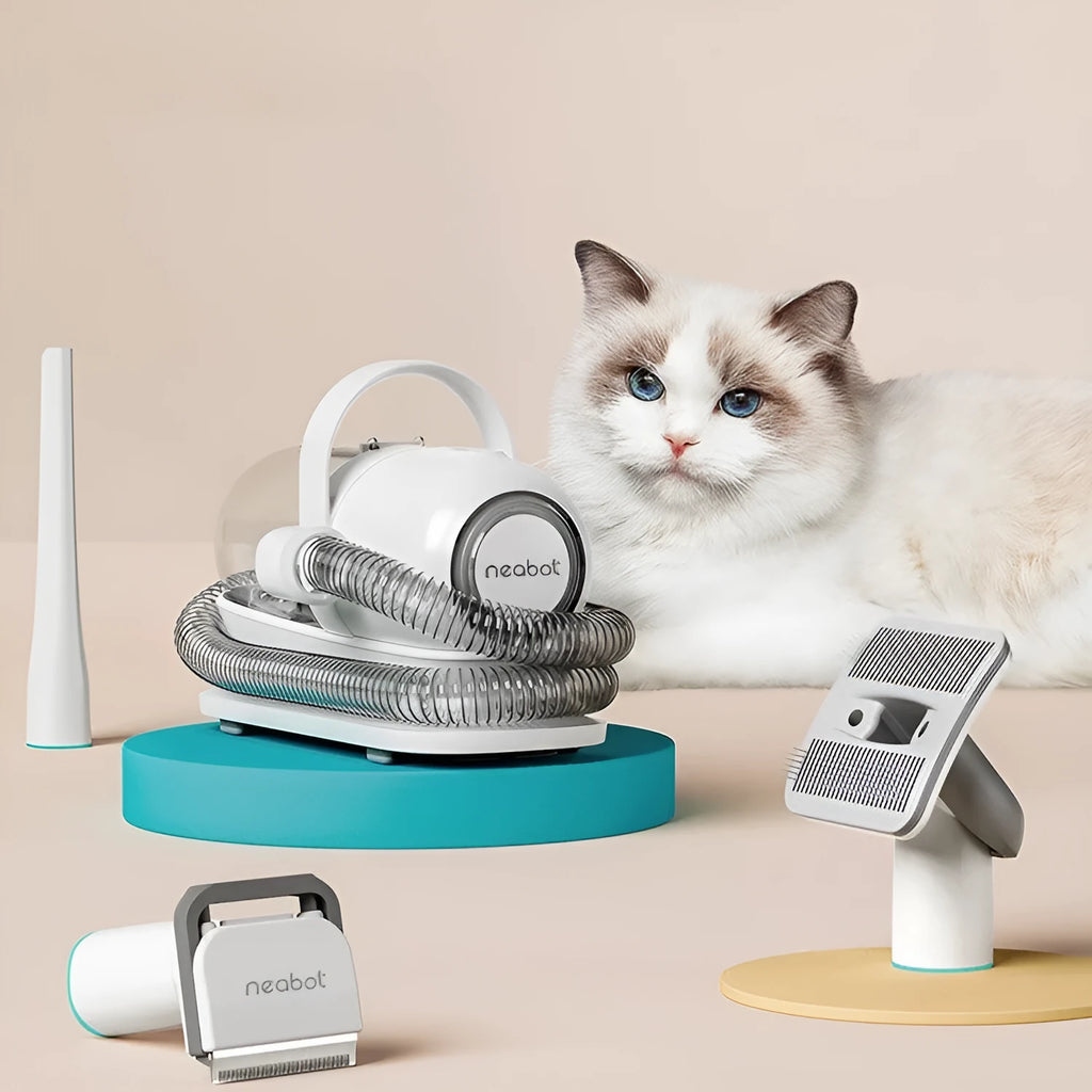 P1 pet grooming device with host, trimming shears, massage comb, thinning comb, cleaning brush, gap suction head, and four length caliper accessories
