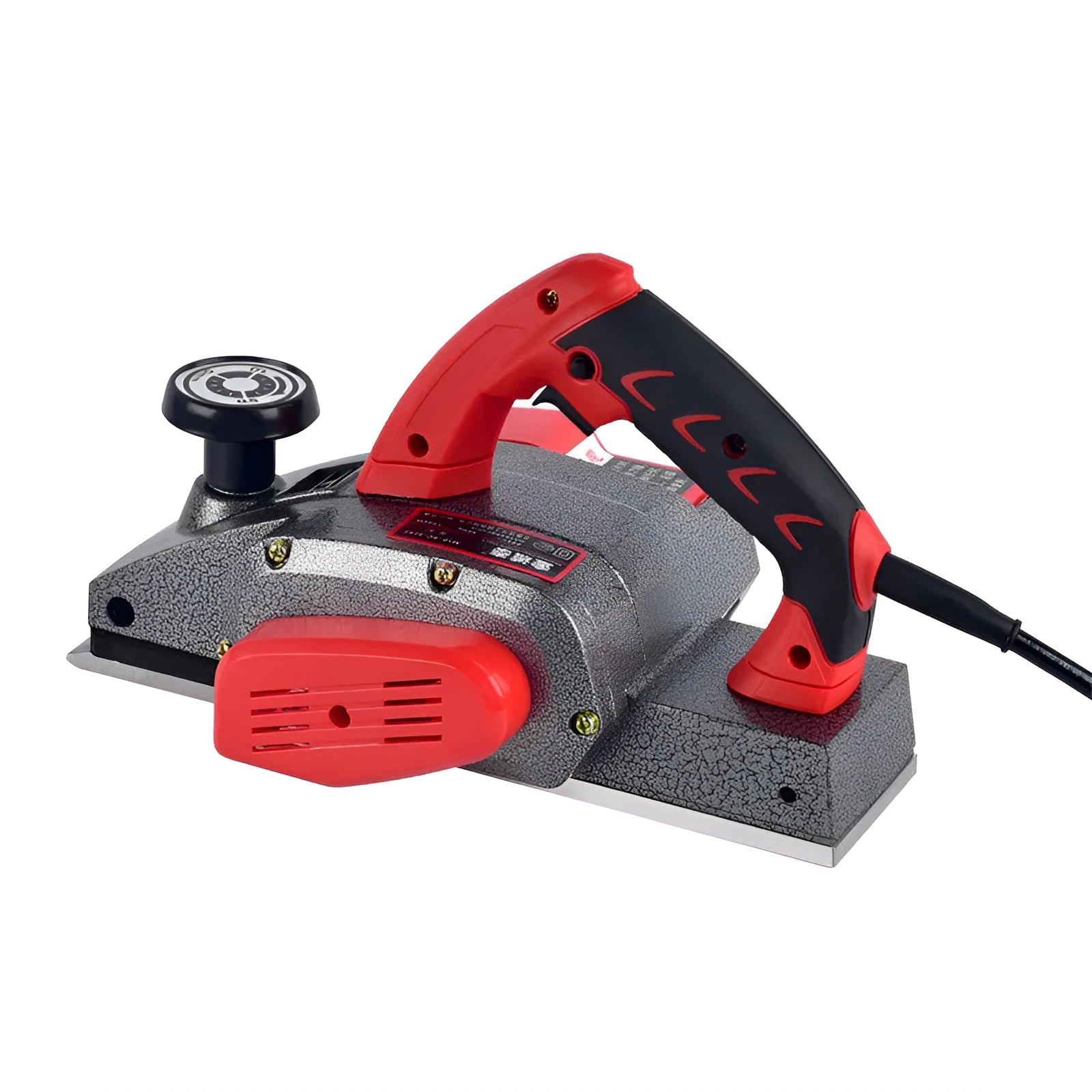 Red electric wood planer with 82mm cutting width and aluminium shell construction