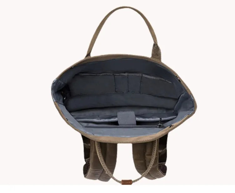 Polyester casual backpack in black, showing cover flap opening and breathable back panel.