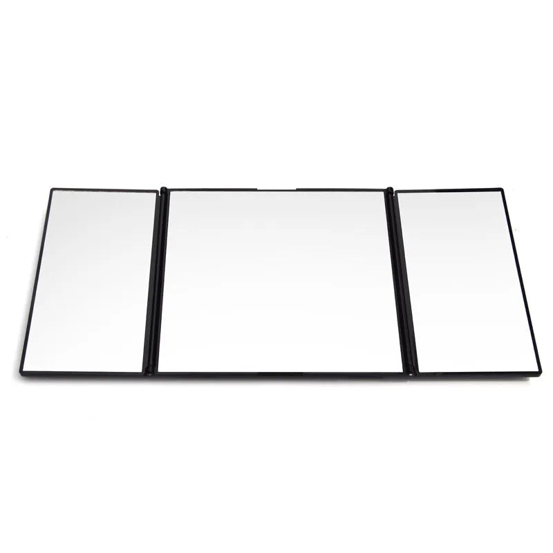 Silver car folding makeup mirror shown open and closed, demonstrating its size change.