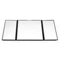 Silver car folding makeup mirror shown open and closed, demonstrating its size change.