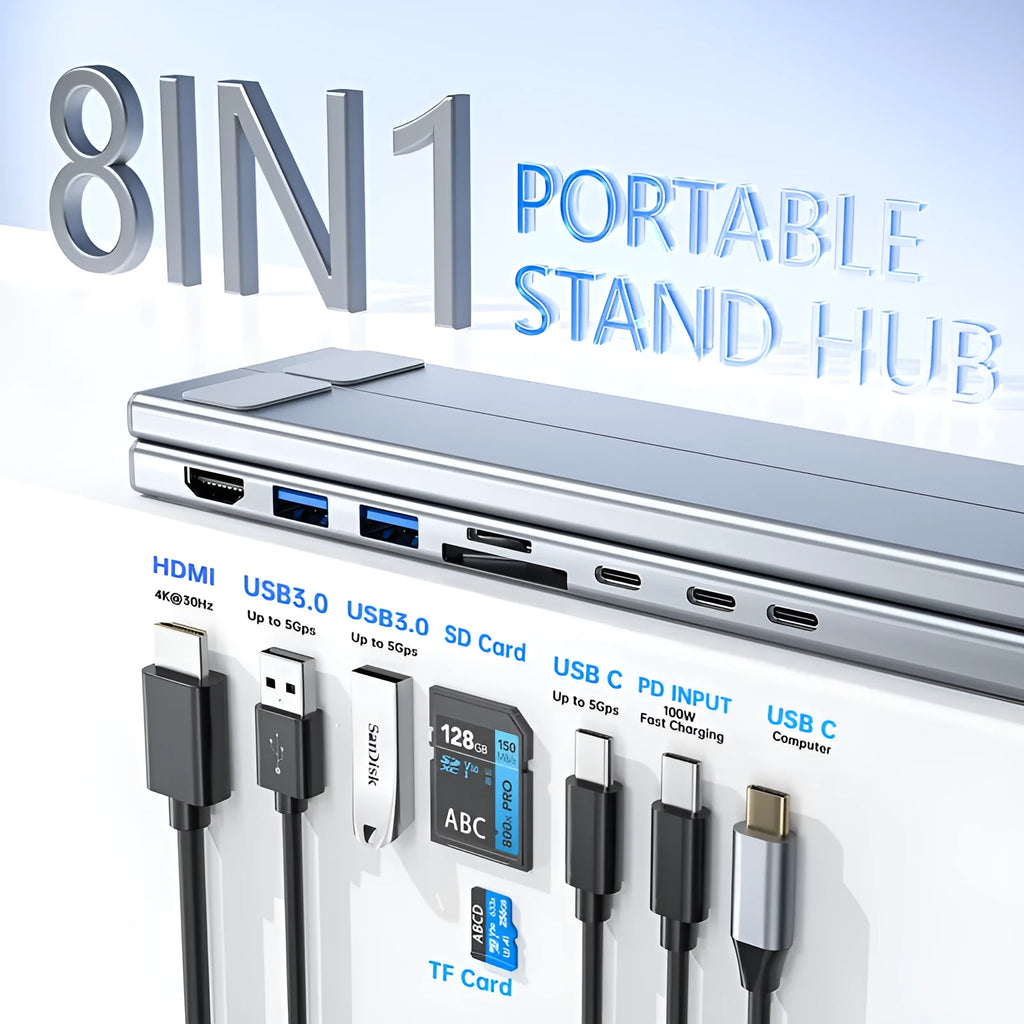 Aluminium alloy folding docking station laptop stand with multi-interface ports