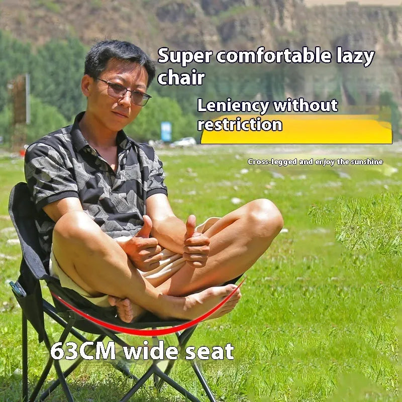 Portable folding recliner chair with steel frame and Oxford cloth seat in an outdoor setting.