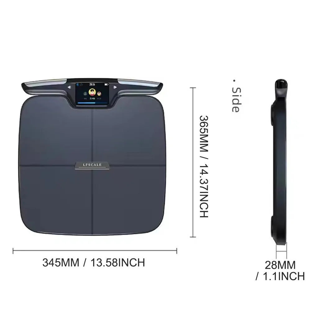 Black eight-electrode intelligent body fat and weight scale for home use.