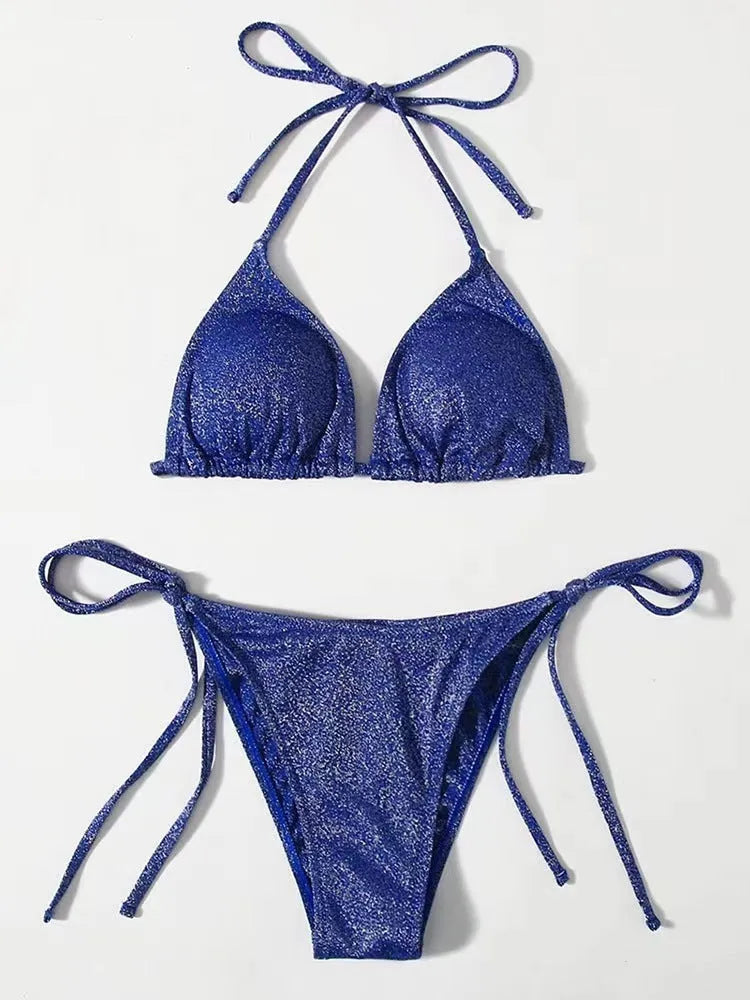 Women's split bandage style bikini swimsuit in polyester, shown in one of six available colours.