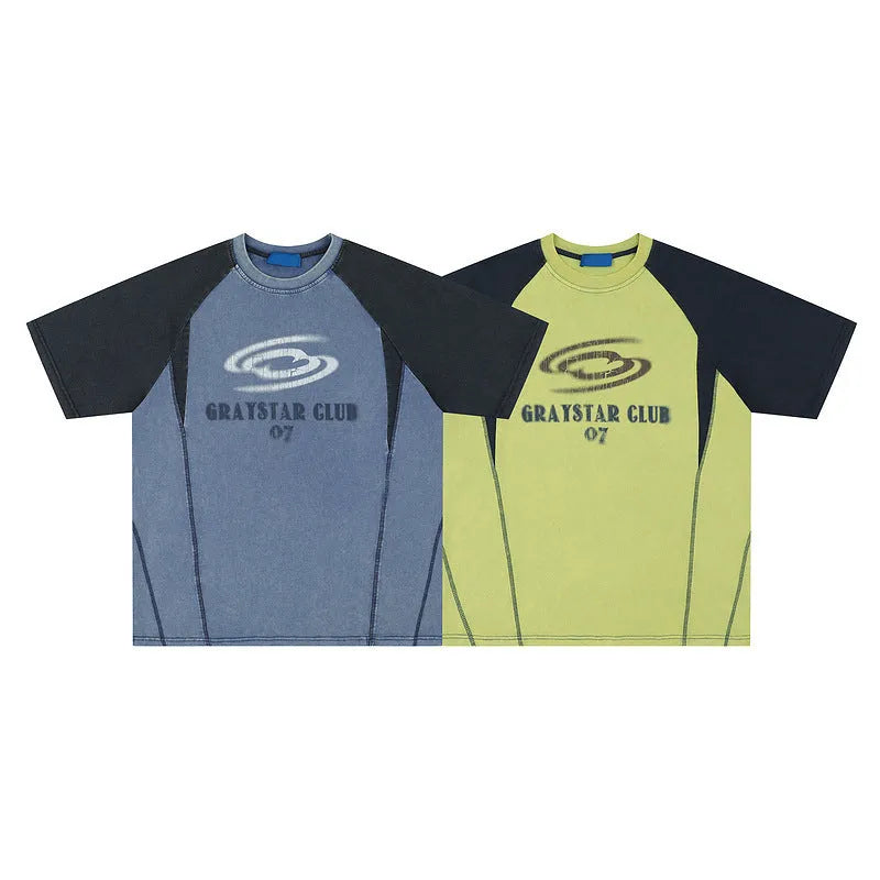 Men's blue hip hop letter print T-shirt with raglan sleeves, laid flat.