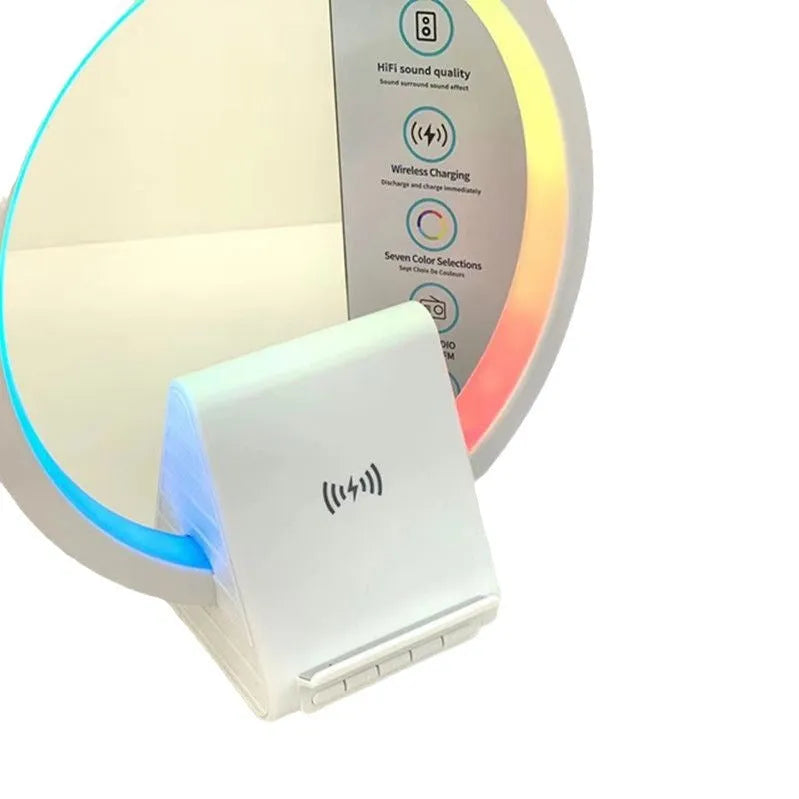 White smart Bluetooth speaker with wireless charging pad and ambient lighting, measuring 225x200x10mm