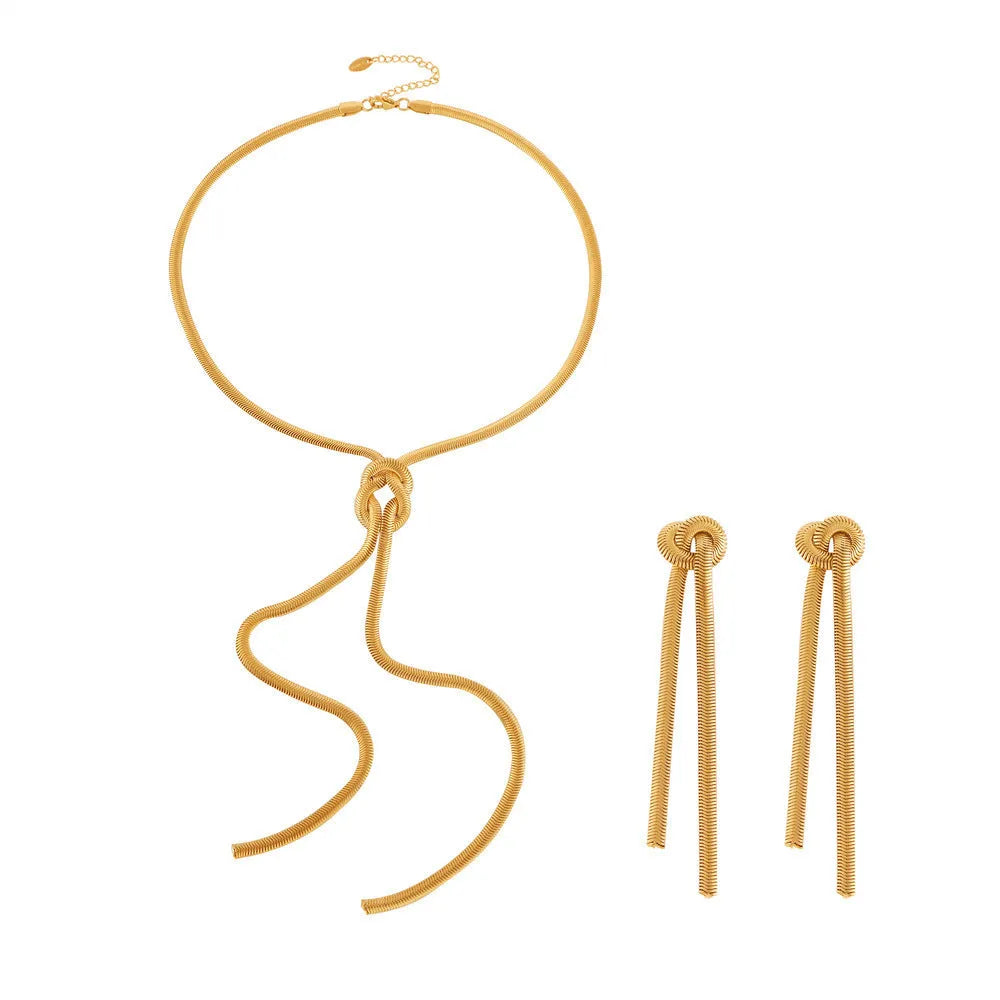Gold knotted tassel snake chain long necklace with matching earrings set for women