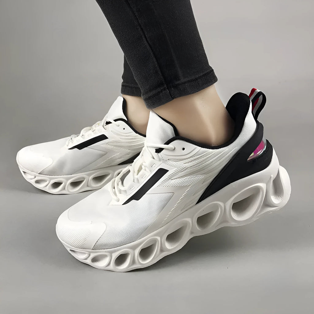 Men's low-top black mesh casual sports shoes with white laces and a light EVA sole.