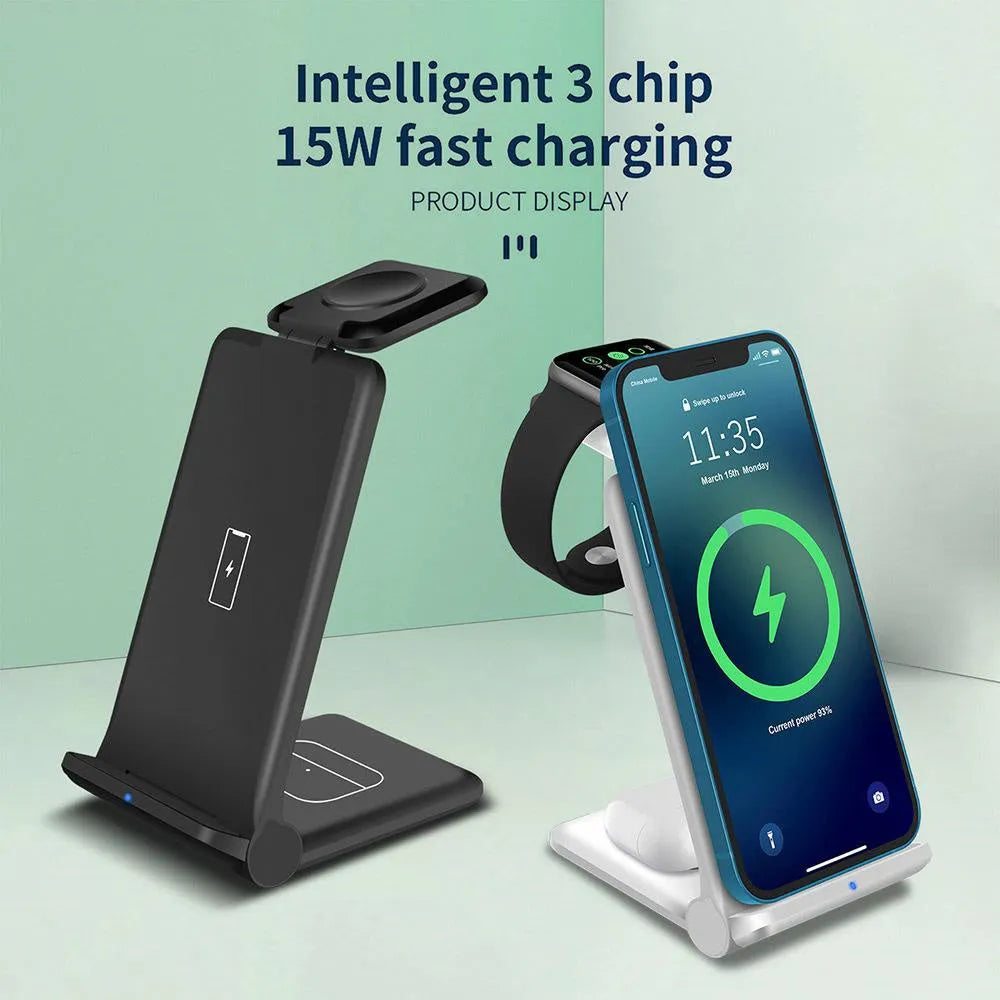 Black and white 3-in-1 wireless charging station showing phone, smartwatch and earbuds charging simultaneously
